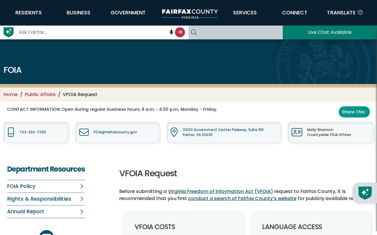 West Springfield residents directory Fairfax VFOIA request form