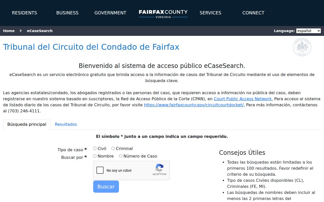 West Springfield resident lookup using the Fairfax eCaseSearch form