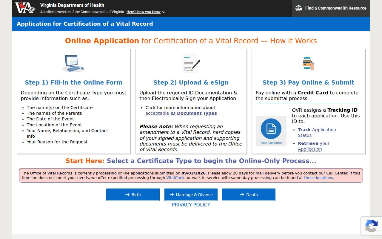West Springfield resident lookup through the Virginia vital records online application